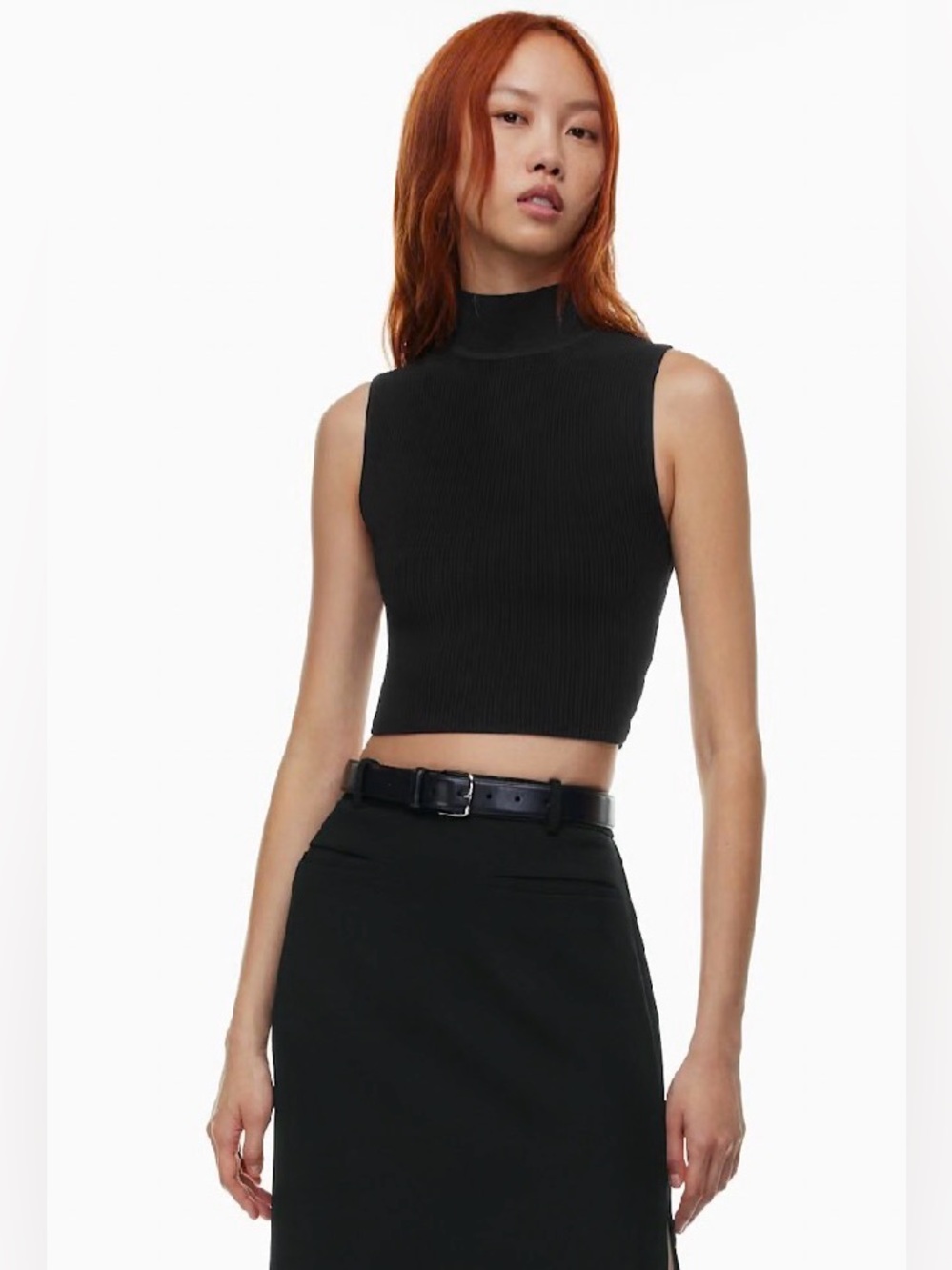 Aritzia Babaton Sculpt Knit Mockneck Crop Tank Top XXS Black Ribbed
